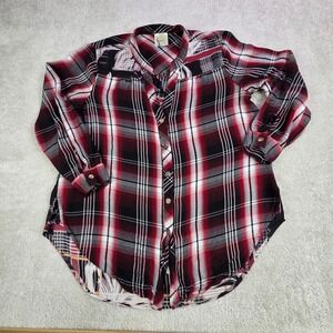 Fig & Flower Blouse Mixed Media Button Up Plaid‎ Oversized Size M